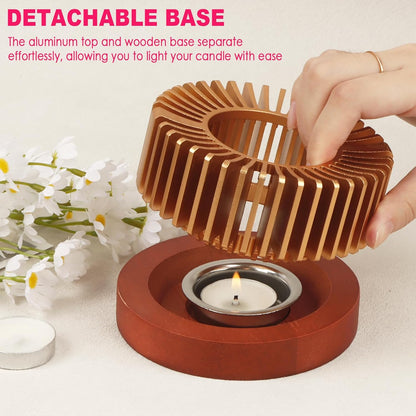 Teapot Warmer, Aluminum Alloy & Wood Tea Warmer with Tealight Holder, Rose Gold Teapot Heater for Heating Coffee, Milk, Food Indoors and Outdoors, Suitable for All Teapots