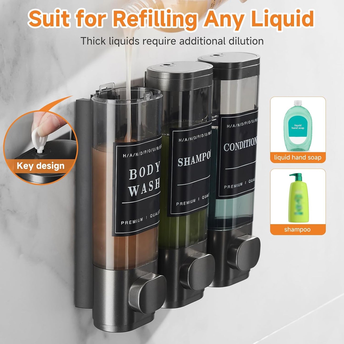 Shampoo and Conditioner Dispenser,Shower Soap Dispenser 3 Chamber No Drill Wall-Mounted Shampoo Dispenser for Shower Wall Mounted Shower Dispenser for Bathroom Hotel Large Capacity,Black
