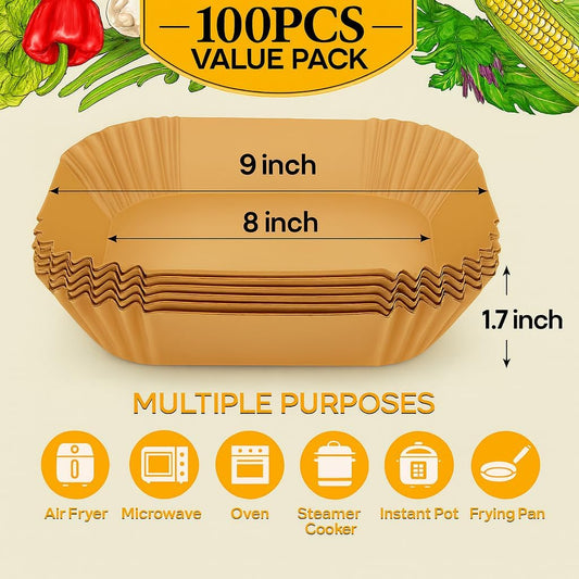 BYKITCHEN Disposable Square Air Fryer Liners for 5 to 8Qt Airfryer, 9inch
