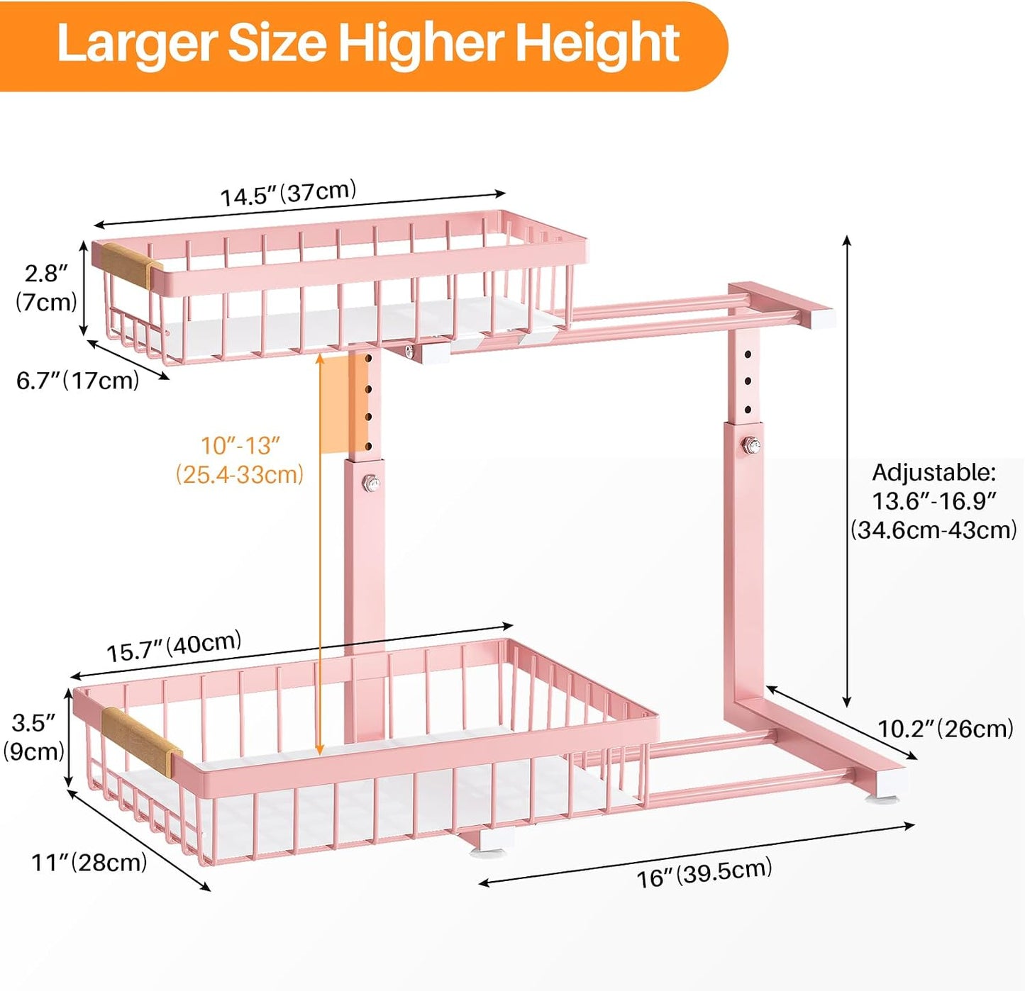 PXRACK Under Sink Organizer, Adjustable Height, 2 Tier Pull Out Under Cabinet Organizer, Slide Out Thickened Metal Under Sink Storage for Kitchen Bathroom Laundry Pantry Cabinet, White, Large-2-Pack