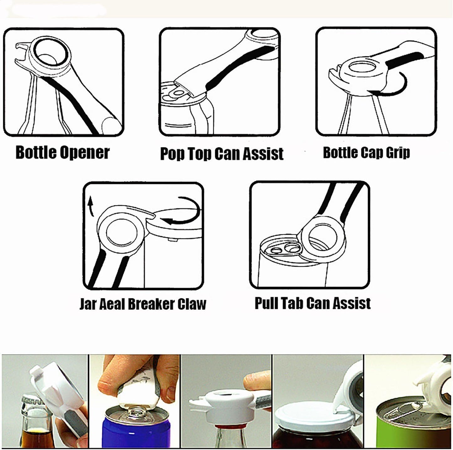 5 in 1 Lids off Jar Opener, Bottle Opener, Ideal For Women, Kids, Seniors - for Multipurpose Kitchen Tool, Easy open. White