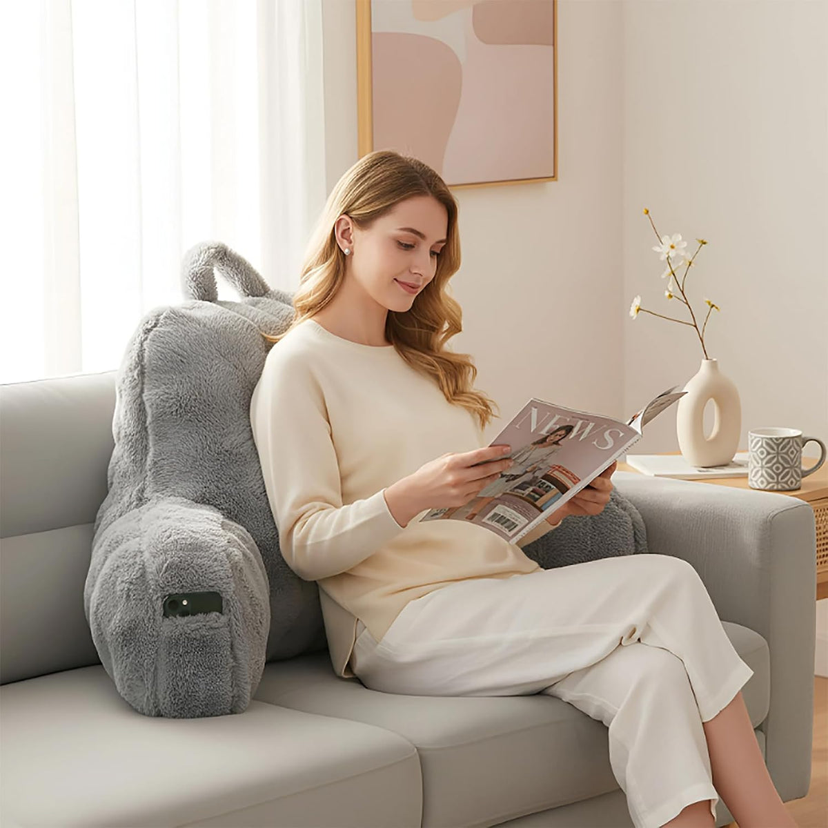 Faux Fur Reading Pillow for Sitting in Bed, Large Backrest Bed Pillow with Arms, Back Support Pillow for Lounging Bedrest, Beige