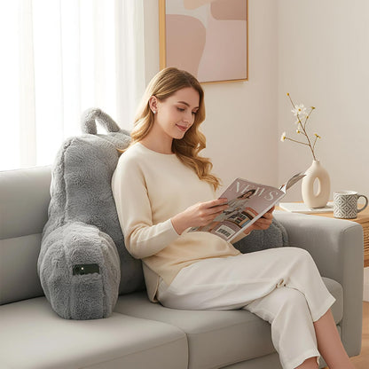Faux Fur Reading Pillow for Sitting in Bed, Large Backrest Bed Pillow with Arms, Back Support Pillow for Lounging Bedrest, Beige