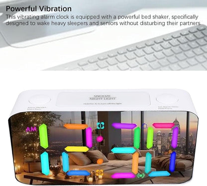 banapoy 7 Inch Mirror Alarm Clock with Bed Shaker, RGB Night Light, 15 Color Modes, 5 Levels Volume, 115dB, Dual Alarms, 3 Alarm Modes for Heavy Sleepers Seniors (White)