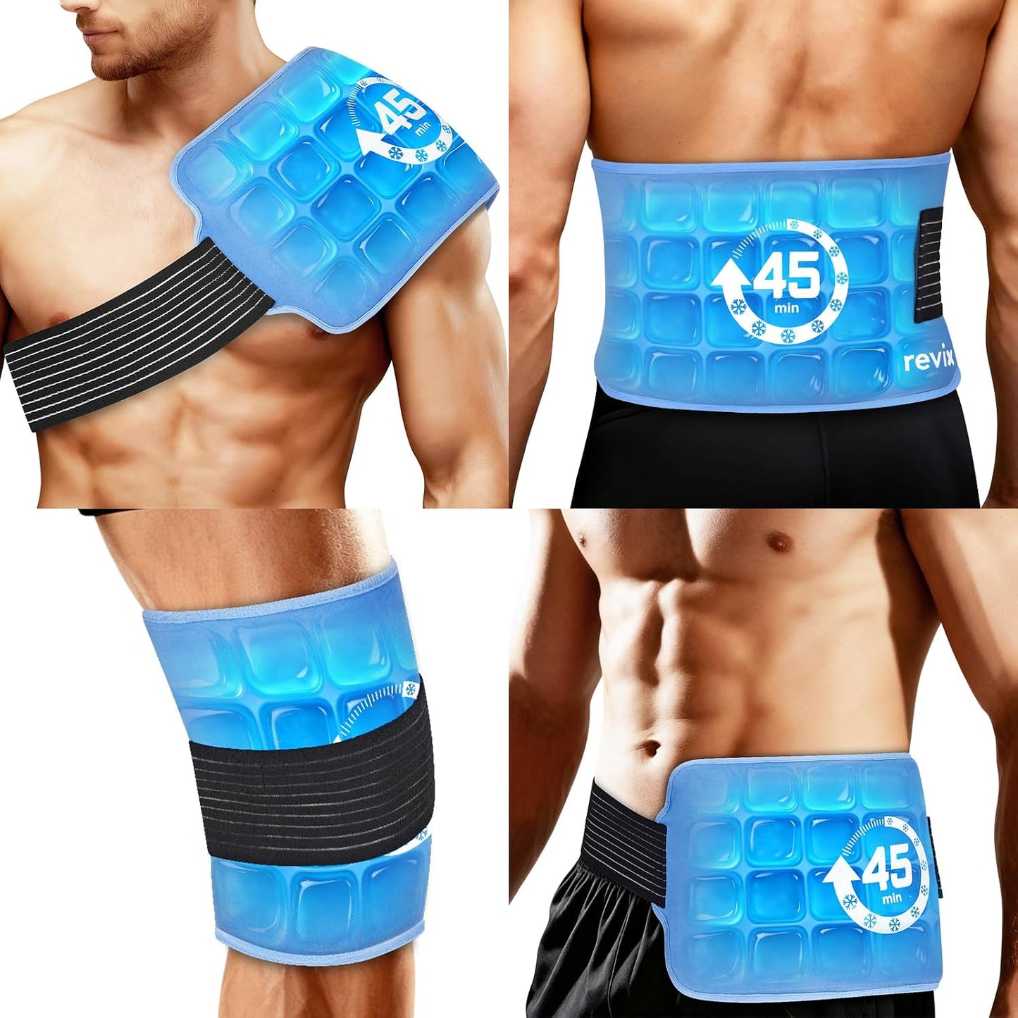 REVIX Ice Pack for Injuries Reusable, 14 × 7" Gel Cold Compress with Strap | 45-Min Long-Lasting Gel Cold Pack for Knee, Shoulder, Lower Back, Leg, Flexible Ice Wrap, Universal Use for Arm, Hip