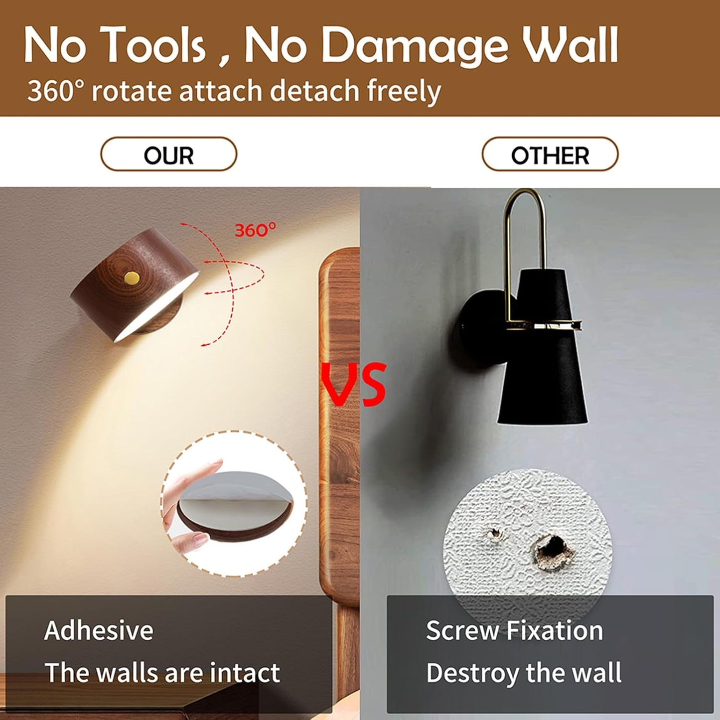 Wooden Wall Sconce 360° Rotatable Magnetic Stick on Bedside- Beech,1 PCS | Wall light self adhesive,dimmable touch control. USB-C port, minimalist style in hallways,closets,desk,reading,ambient