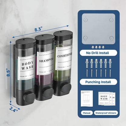 Cabo Deseado Shower Soap Dispenser Wall Mounted No Drill Shampoo Dispenser for Shower Wall Shampoo and Conditioner Dispenser Bathroom Hotel 3 * 350ml Gungray with Labels