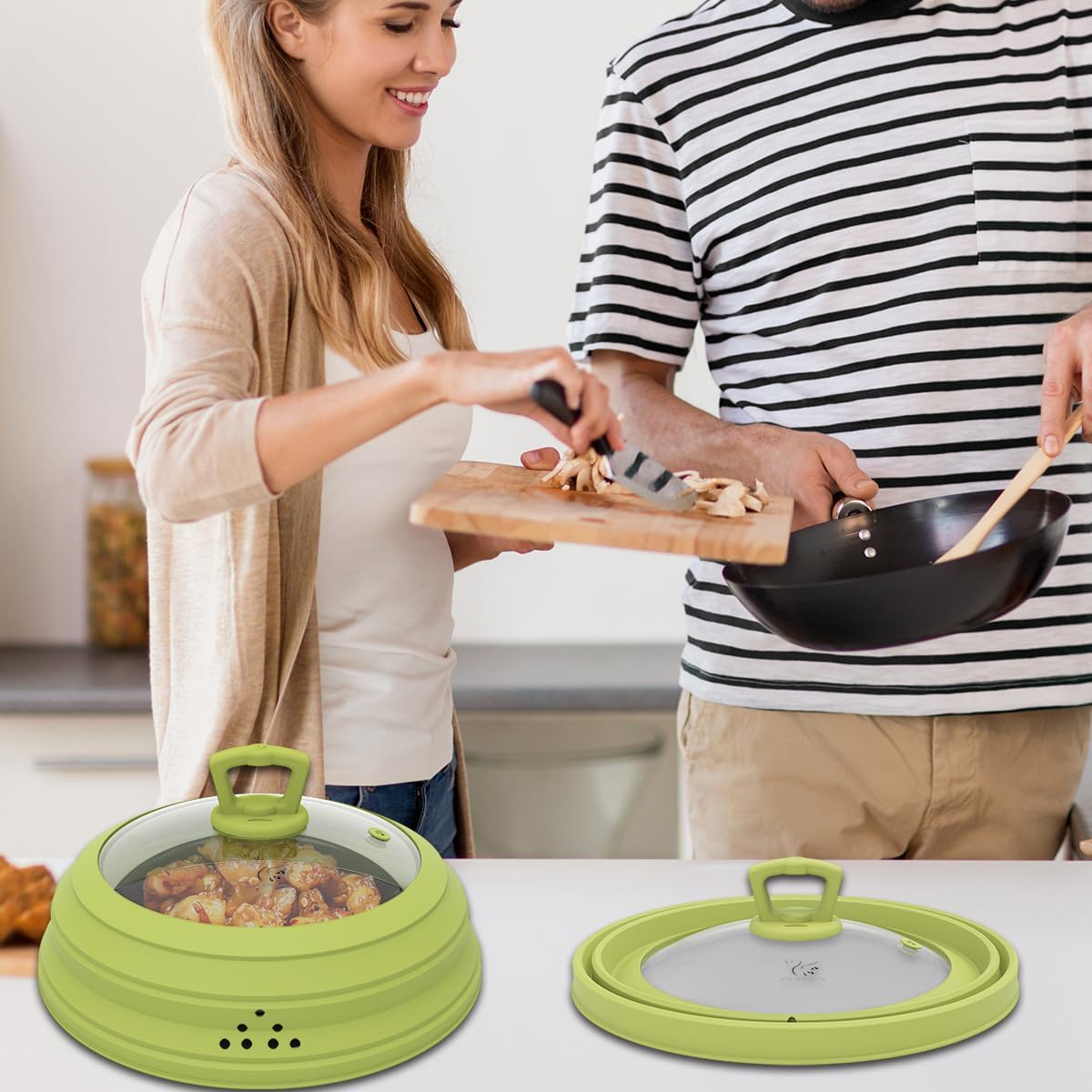 Microwave Splatter Cover Vented Glass Splatter Guard Lid with Collapsible Silicone for Food as Pot Cover Plate 10.8 inch for 6 7 8 9 10 inch Plate Bowl