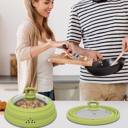 Microwave Splatter Cover Vented Glass Splatter Guard Lid with Collapsible Silicone for Food as Pot Cover Plate 10.8 inch for 6 7 8 9 10 inch Plate Bowl