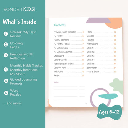 Sonder Kids Wellness Gratitude Journal - Kids Journal for Girls and Boys, Hands-On Activities like Crosswords, Coloring and Nature Prompts, Undated, Ages 6-12, 56 pages