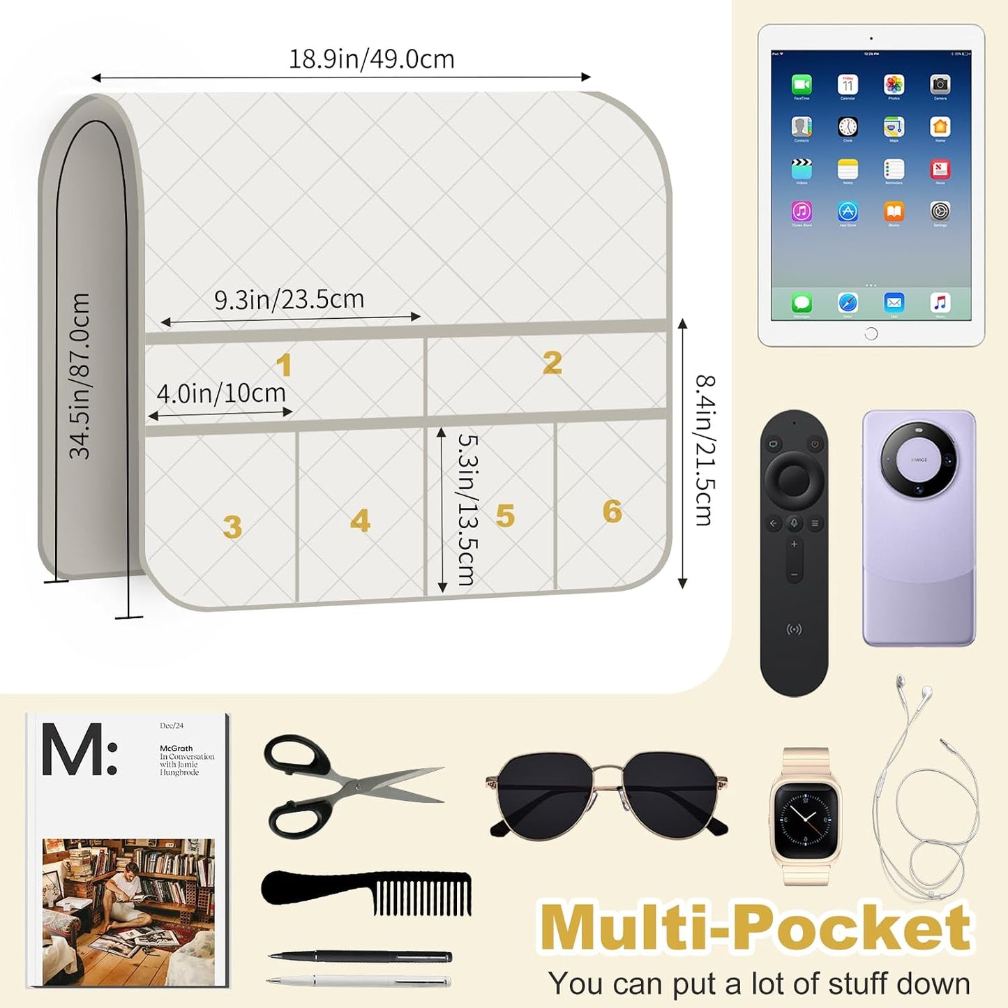 Remote Control Holder for Recliner, Armchair Caddy, Non Slip Sofa Armrest Organizer for Recliner Couch With 6 Pockets for TV Remote,Cell Phone,Magazine (Off-White)