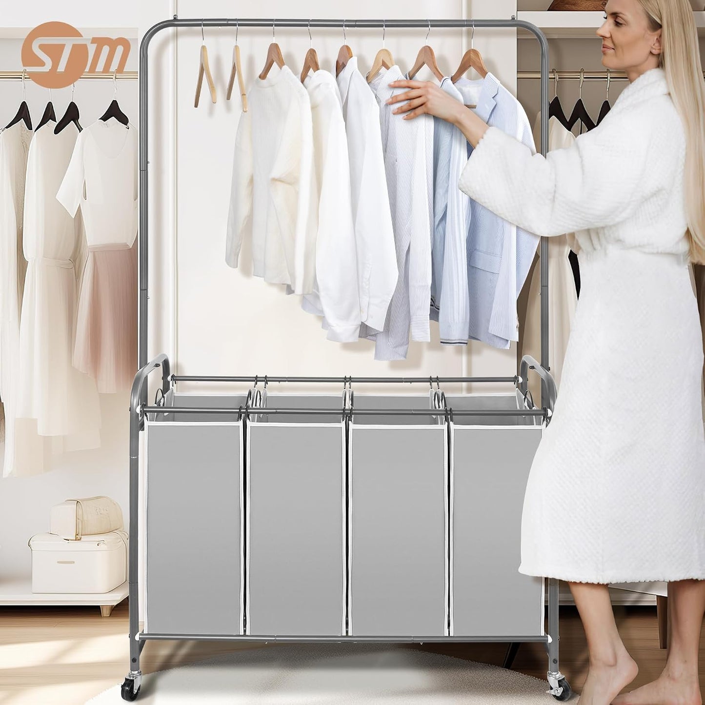 STORAGE MANIAC Laundry Sorter with Hanging Bar, Portable, Removable Laundry Hamper Cart with Heavy Duty Lockable Wheels and Removable Bags, Rolling Laundry Basket Organizer 181L, 4 Section Gray