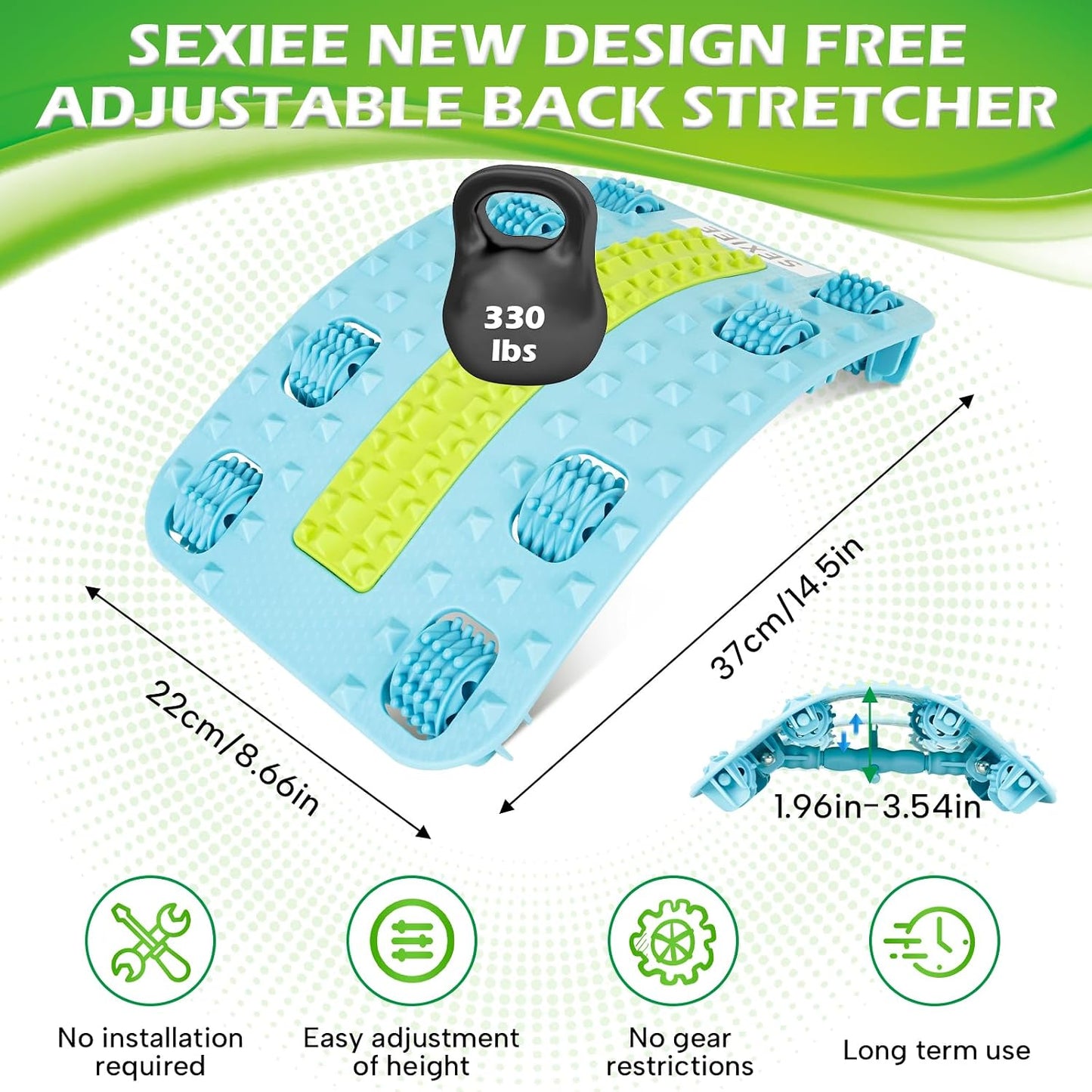 Back Stretcher for Lower Back, Pneumatic Adjustable Lumbar Support Board with 10 Magnets and 90 Massage Points, Daily Back Stretching Device for Home, Office, Yoga and Travel