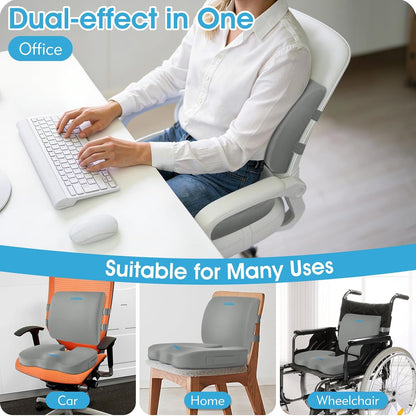 CushZone Ergonomic Seat Cushion & Lumbar Support Pillow - Memory Foam for Sciatica Pain Relief & Posture Correction, Non-Slip Chair Cushions for Office Chair/Car/Wheelchair/Travel (Black)