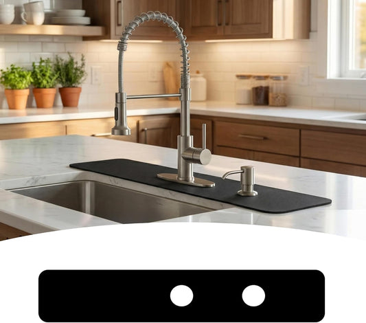 Absorbent Kitchen Sink Faucet Mat for 2-Hole 8" On-Center Faucets 30"x5.5" | Fits Sink with Soap Dispenser, Air Gap or Side Sprayer - Cuttable Drip Catcher Splash Guard for Irregular & 3, 4 Hole Sinks