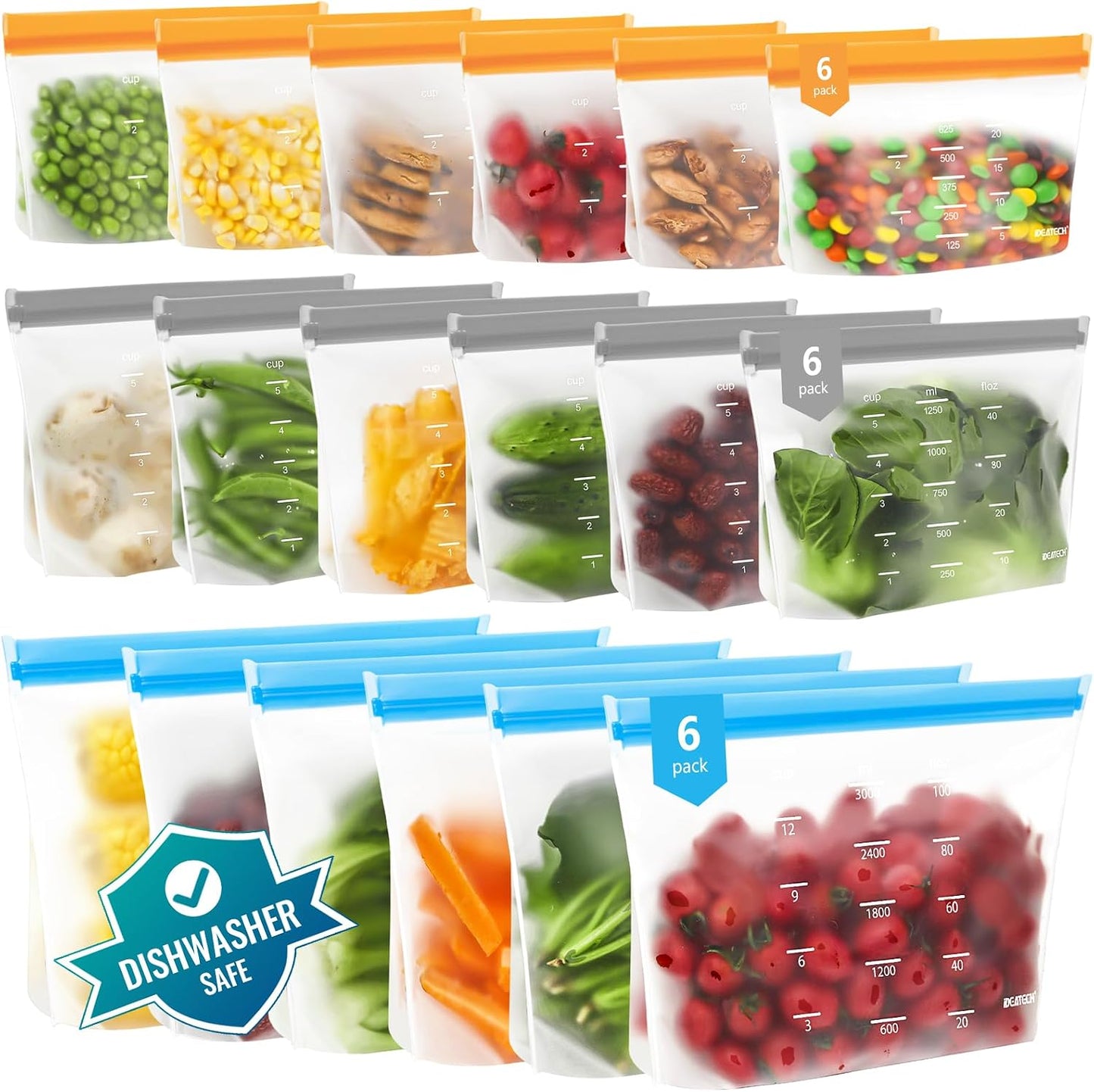 IDEATECH Reusable Bags Dishwasher Safe, BPA Free Reusable Gallon Freezer Bags, Stand Up Leakproof Food Storage Bags for Marinate Meats, Salad Fruit, Vegetables, Home Organization -Gray 6 Large Bags