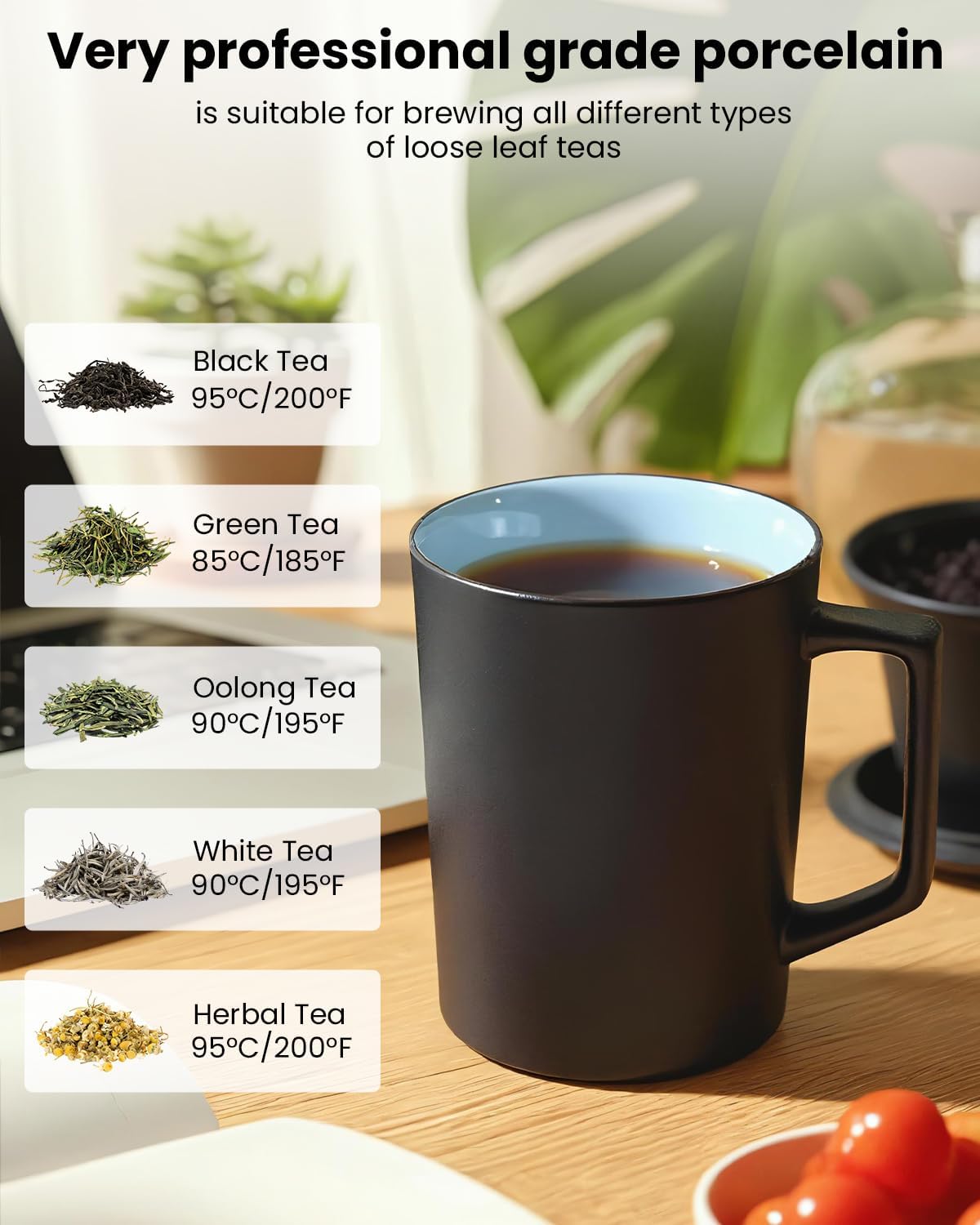 15 oz Ceramic Tea Infuser Cup with Lid - Tea Mug with All Porcelain Strainer for Loose Leaf Teas,Microwave and Dishwasher Safe,Metal-Free,BPA-Free for Tea Lovers/Birthday (Black)