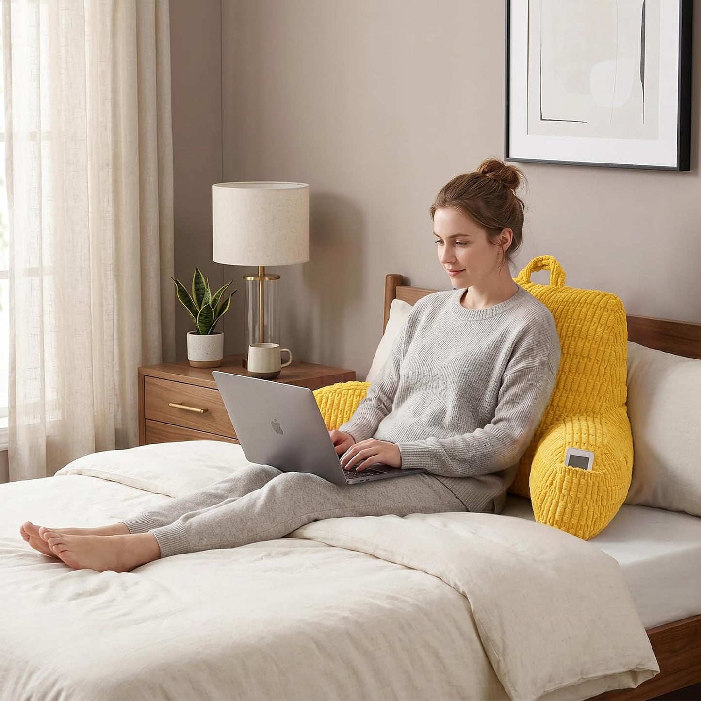 Reading Pillow with Arms for Sitting in Bed,Backrest,White Flannel,M | 17" Backrest Supports Back for College Students,Elbows & Forearms for Dorm Reading,Gaming,Watching TV