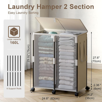 140L Double Laundry Hamper with Lid and 6 Wheels, Rolling Laundry Basket | Gasvadivum Metal Frame Laundry Sorter 2 Section with 2 Removable Bags, Large Clothes Cart for Bedroom, Bathroom, Black