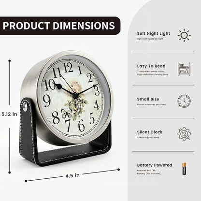 Analog Alarm Clock - 4.5" Silent Non Ticking Small Clock with Light, Rotatable Stand Metal Desk Clock Battery Operated, Simple Design for Living Room Decor/ Bedroom/Bedside/Shelf (Black & White)