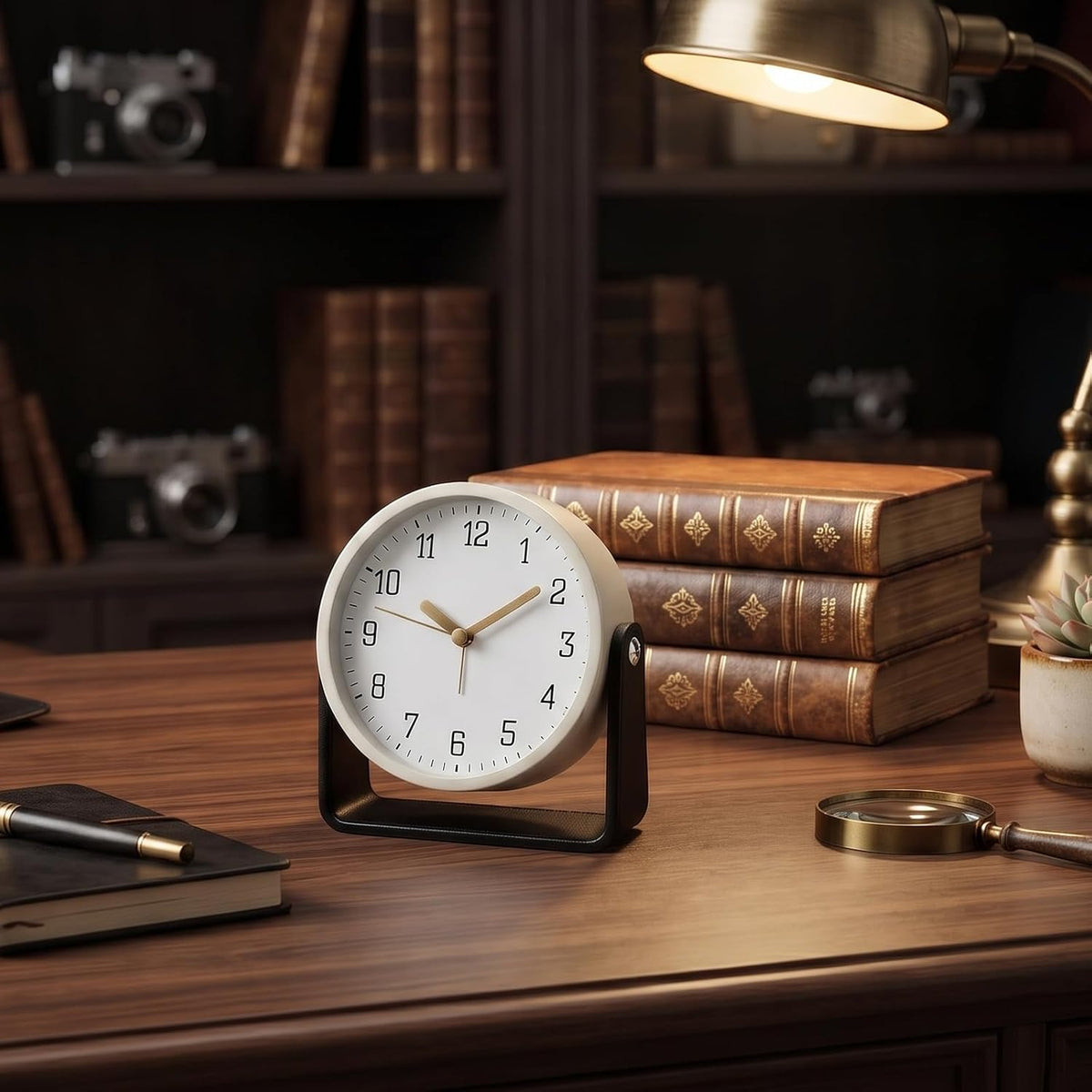 Analog Alarm Clock - 4.5" Silent Non Ticking Small Clock with Light, Rotatable Stand Metal Desk Clock Battery Operated, Simple Design for Living Room Decor/ Bedroom/Bedside/Shelf (Black & White)