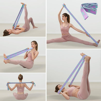9 Loops Elastic Yoga Stretching Strap Pattern Guide, Resistance Stretch Band for Flexibility, Pilates, Dance, Gymnastics, Ballet, Physical Therapy, Leg & Body Stretching