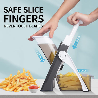 QYKIC Safe Mandoline Slicer Pro for Kitchen, Adjustable Chopper 6 in 1 | Potato Slicer Onion Chopper Fry Cutter Julienne Dicer Large Chute Stainless Steel Blades Detachable Dishwasher Safe Gifts