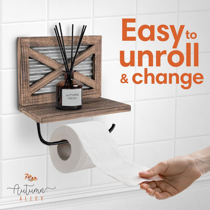Autumn Alley Rustic Farmhouse Toilet Paper Holder with Shelf for Wipes - Rustic Farmhouse Bathroom Decor - Farmhouse Bathroom Accessories and Western Bathroom Decor Wall Mounted, Brown Wood