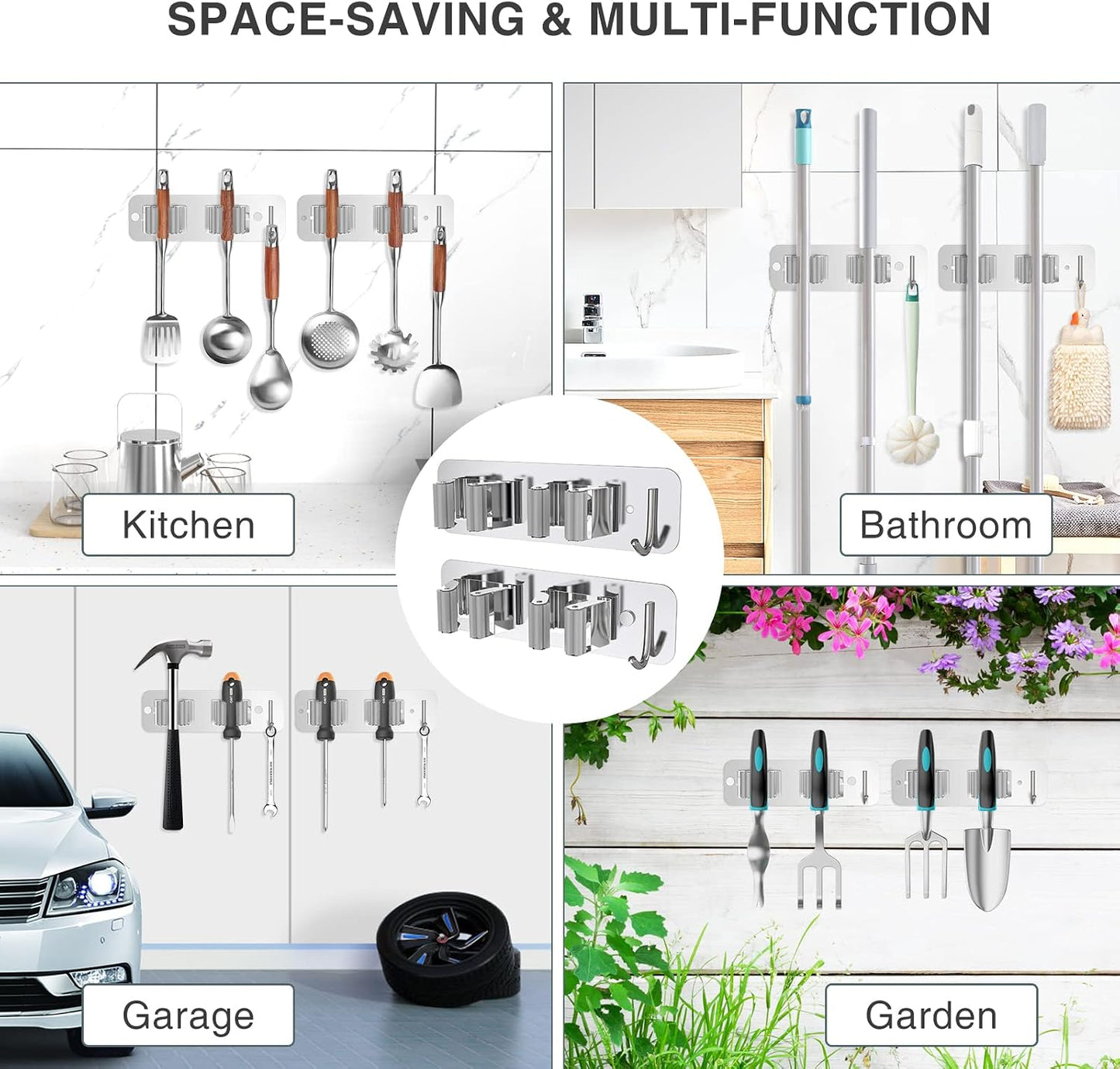 homeasy Wall Mount Mop and Broom Holder, Heavy Duty Stainless Steel Organizer Rack with Hooks | 2-Pack, 2-in-1 No Drill & Screw Installation, Silver
