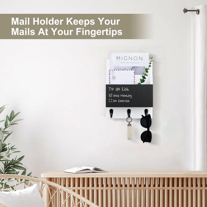 Key and Mail Holder for Wall Mount, Mail Holder with Chalkboard | Mail Organizer with 2 Slot, Key Holder with 3 Sturdy Hooks for Coat, Dog Leash, Decorative Key Rack (8.86”W x 11.42”H x 3”D)