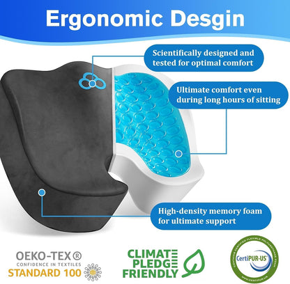 CushyOasis Seat Cushion, Gel Memory Foam Office Chair Cushions, (Black) | Chair Cushion, Anti-Slip Bottom & Removable Cover Tailbone Pain Relief Cushion, Memory Foam Seat Cushion for Office
