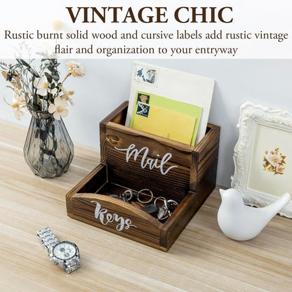 MyGift Rustic Torched Wood Mail Holder and Key Organizer Entryway Storage Tray with Cursive Mail and Keys Word Design, Office, Dorm, Classroom Desktop Organizing Bin