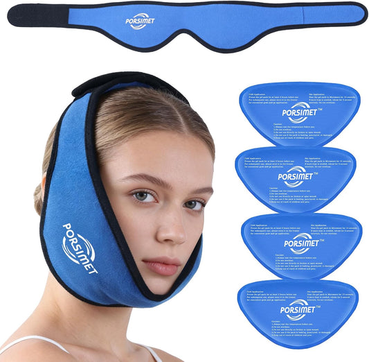 Wisdom Teeth Ice Pack Head Wrap for Face Oral Surgery Recovery, Large Face Ice Pack Jaw Ice Wrap with 4 Hot/Cold Gel Packs for TMJ Relief, Oral Surgery, Tooth Extraction, Dental Implants