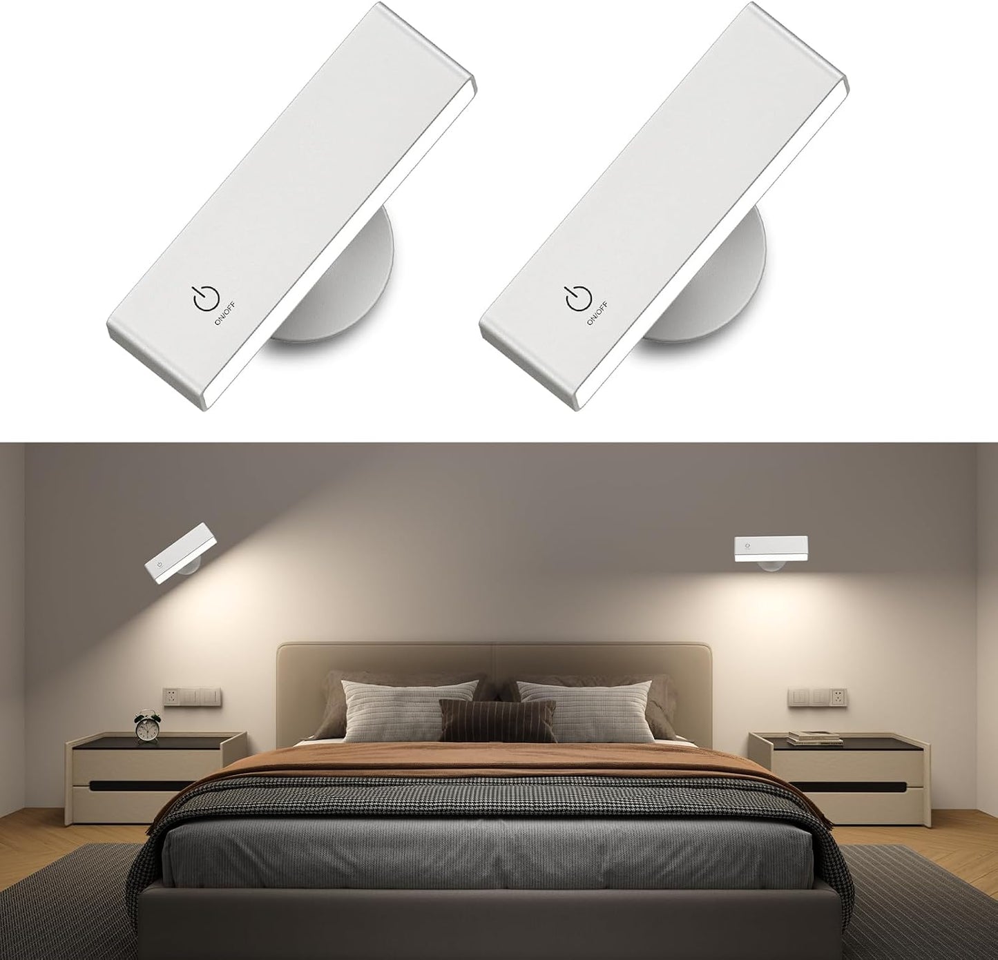 Wireless Wall Sconces 2 Pack, Rechargeable Reading Light for Bed Dimmable | Battery Operated Wireless Wall Light for Bedroom Adjustable Brightness Magnetic 360° Rotation Indoor Black or White