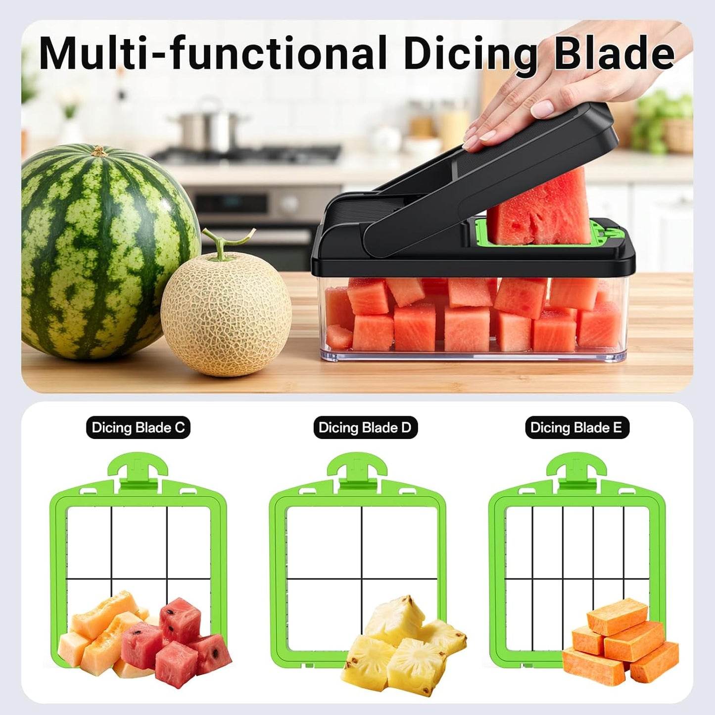 12-in-1 Vegetable Chopper with 7 Blades, Food Veggie Cutter, Green | Includes Egg Separator, Food Container and Finger Guard, Non-slip Base, for Chopping, Slicing, Shredding, and Mincing