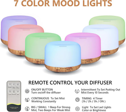 SACATR 500ml Essential Oil Diffuser with 15 Essential Oils, Ultrasonic Cool Mist Humidifier, Remote Control, 4 Timers, 15 Color Lights, Auto Shut-Off