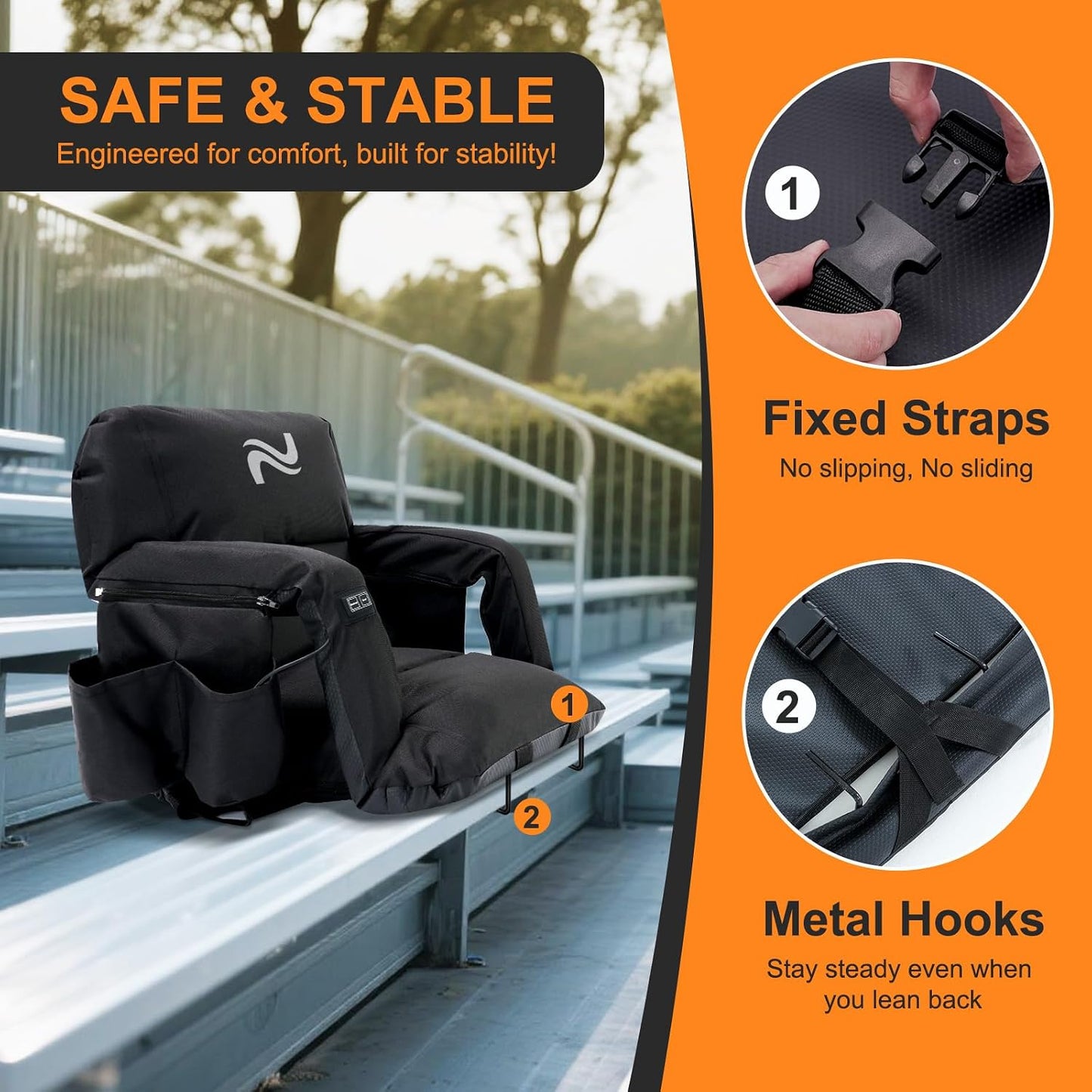 Wide Heated Stadium Seat for Bleachers w/Back Support & Cushion | 5-Position Adjustable Heated Stadium Seat with Armrests, 3 Heat Levels, Anti-Slip, Side Pockets, Backpack Straps (No Battery)