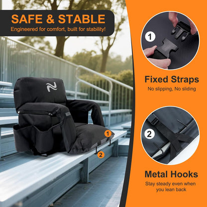 Wide Heated Stadium Seat for Bleachers w/Back Support & Cushion | 5-Position Adjustable Heated Stadium Seat with Armrests, 3 Heat Levels, Anti-Slip, Side Pockets, Backpack Straps (No Battery)