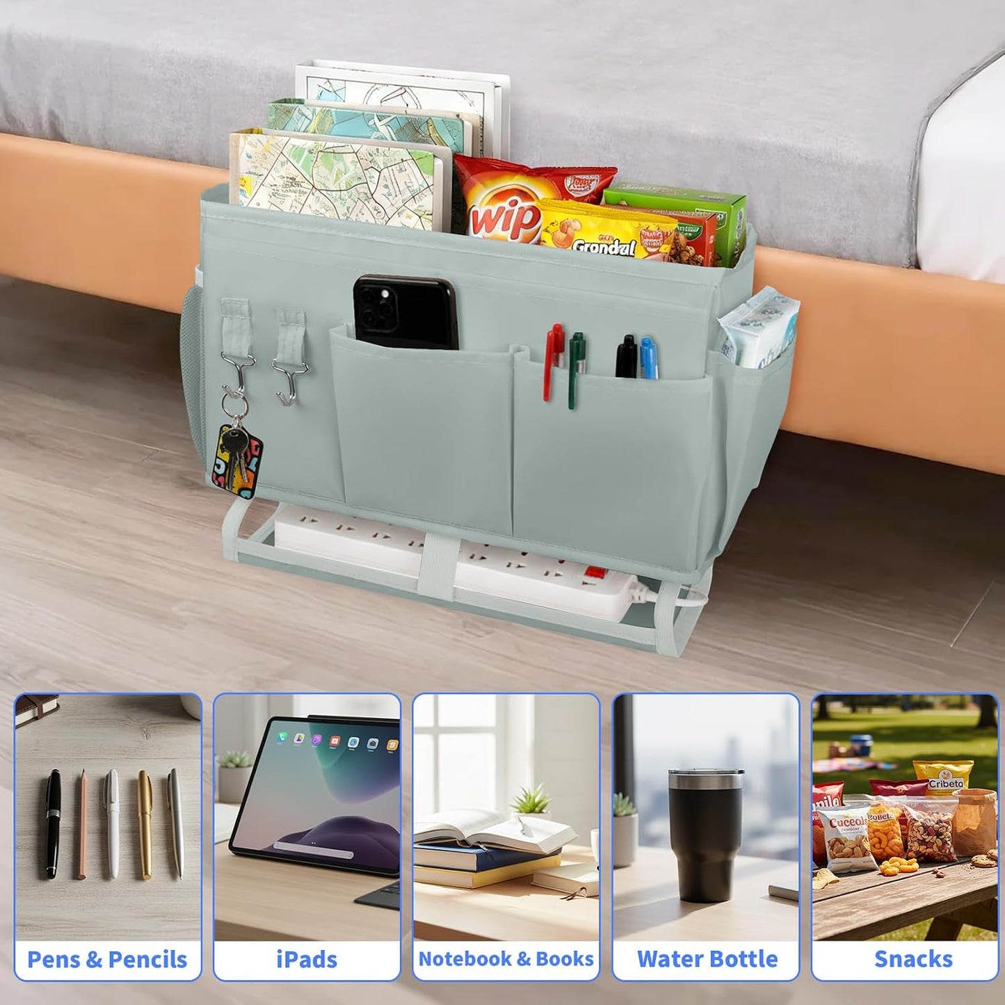 2Pcs Bedside Caddy for Dorm Bed Bedside Organizer, Bedside Storage with 10 Pockets and Power Strip Holder, Multifunctional Bedside Pocket for Home, College, Dorm, Bunk/Hospital/Crib Bed (Beige)
