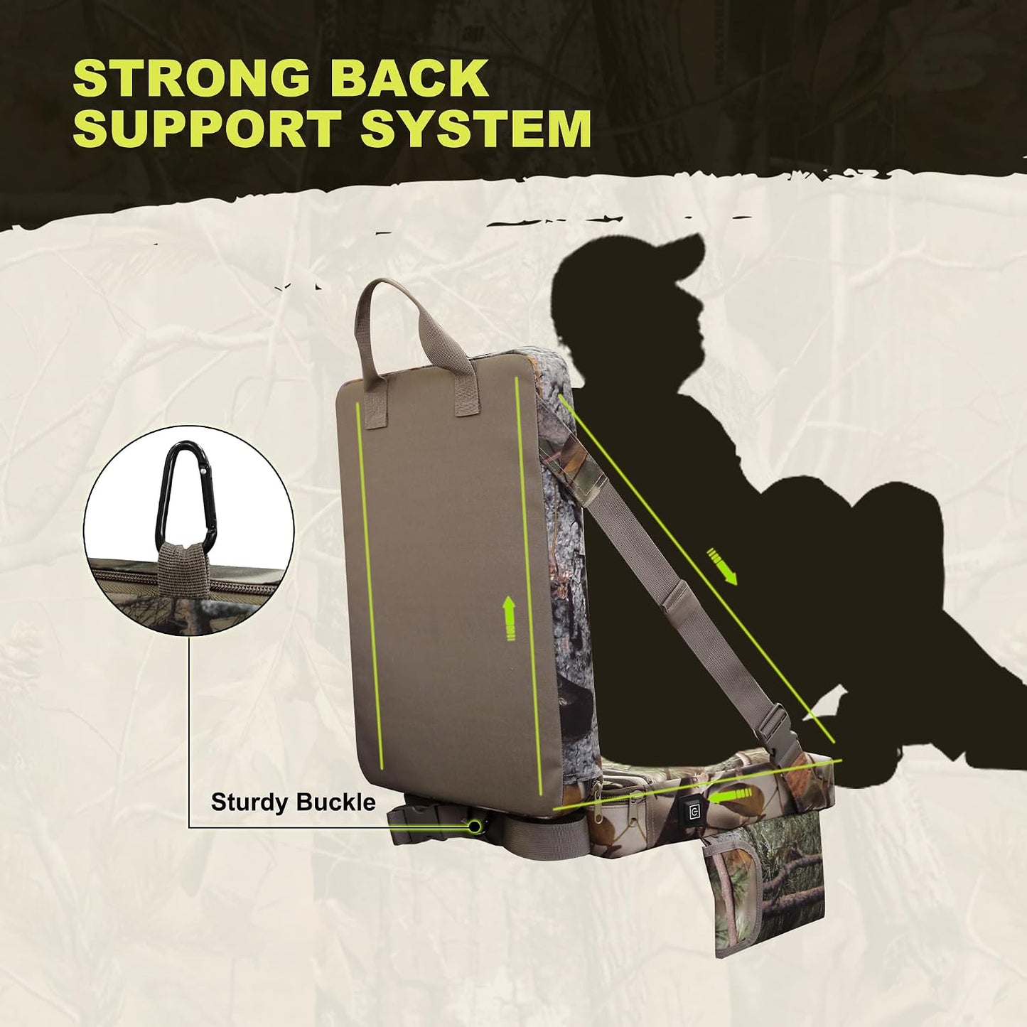 Heated Hunting Seat Cushion with Backrest, Adjustable Hunting Seat for Tree Stand & Ladder Stand, Portable Seat Pads for Hunting,Ice Fishing,Hiking,Camping (Battery not Included) (Camouflage)