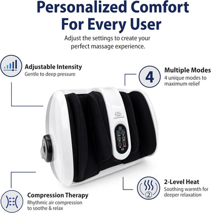 Shiatsu Foot Massager with Heat, Standard Size, White | Deep Kneading & Compression, Adjustable Intensity, Multi-Mode Leg and Foot Massager with Remote Control, Anti-Slip Base