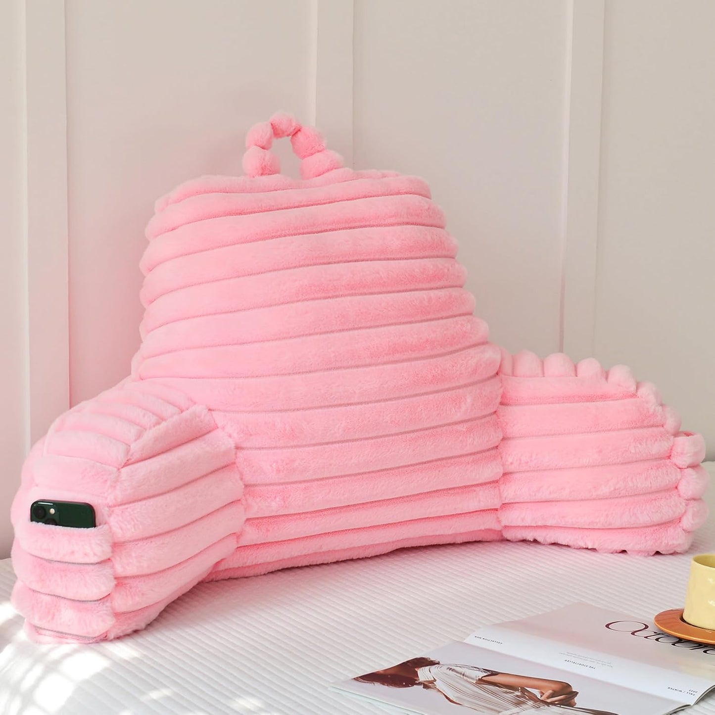 Large Reading Pillow for Adults, Back Support Pillow for Sitting Up in Bed with Arms, Couch for Lounging Bedrest, Pink