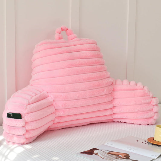 Large Reading Pillow for Adults, Back Support Pillow for Sitting Up in Bed with Arms, Couch for Lounging Bedrest, Pink