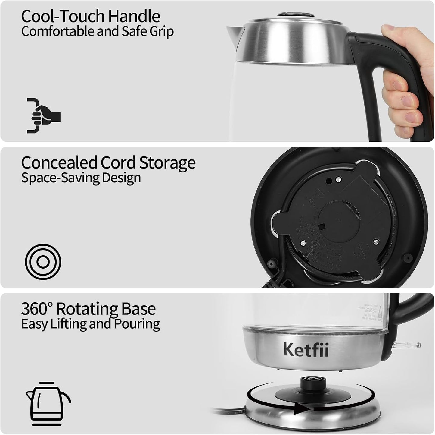 Electric Kettle 1.8 L, Stainless Steel & Glass, No Plastic, Fast Boiling | Coffee Tea Hot Water Boiler 1200W, Auto Shut Off, Boil-Dry Protection, BPA-Free, Borosilicate Glass, Removable Lid, LED Light