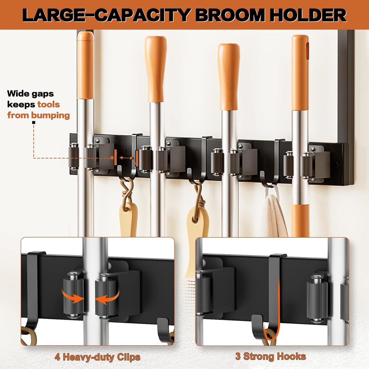 Broom Holder Wall Mount with Cleaning Supplies Organizer, Laundry Room Organization and Storage Shelves with Mop Hanger Rack Gripper Hooks, Utility Shelf Closet Organizer for Home Garage Kitchen