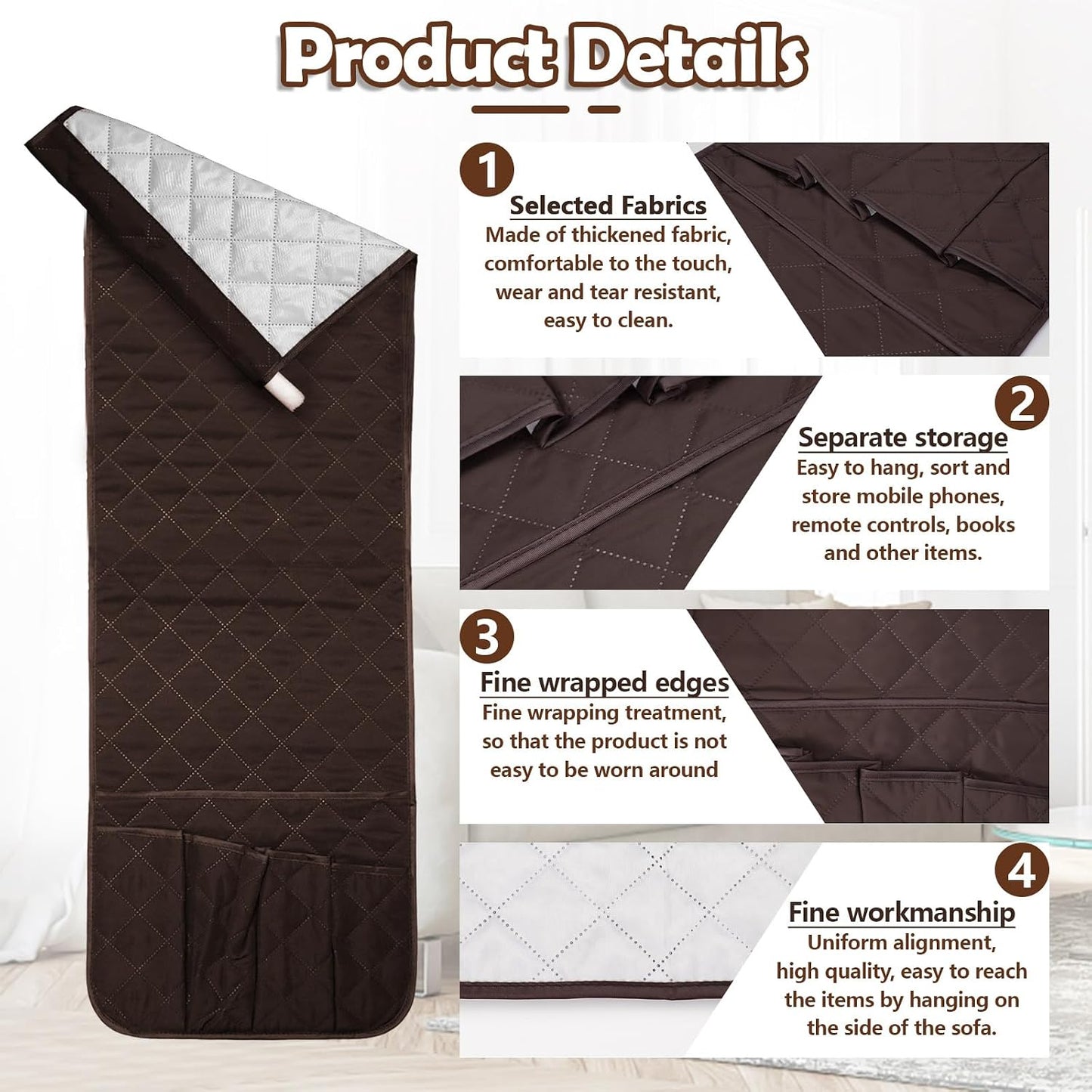 Huakaile Foldable Remote Control Holder Non-Slip Couch Sofa Chair Waterproof Armrest Organizer with 5 Pockets Armrest Organizer Couch Recliner Caddy Fits for Ipad, Phone, Magazines (Coffee)