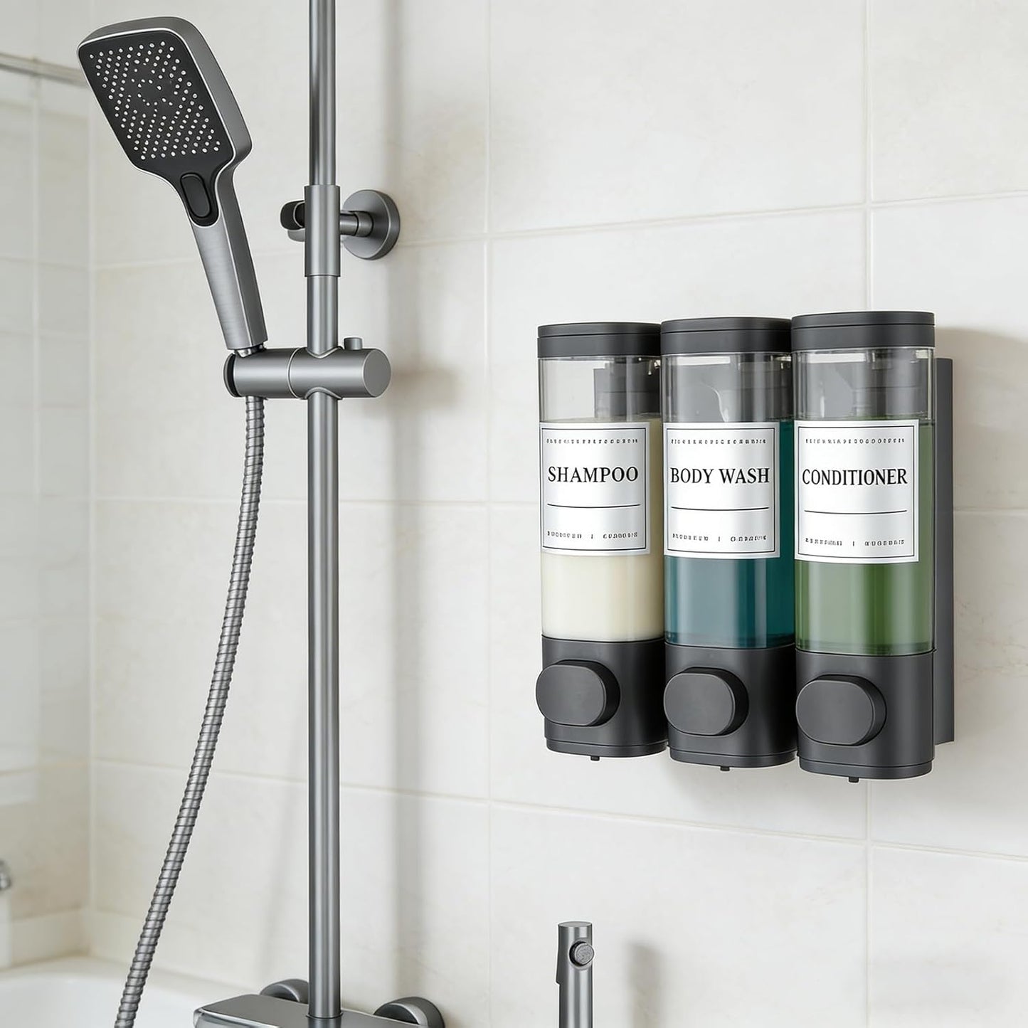 Shampoo and Conditioner Dispenser, Shower Soap Dispenser Wall Mounted, Shampoo Dispenser for Shower Wall No Drill, Bathroom Body Wash Dispenser 3 * 350ml Silver 3 Chamber
