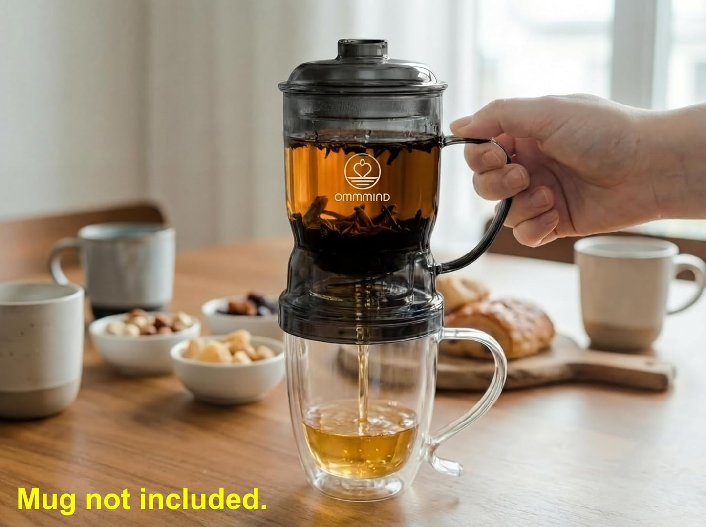 Glass Tea Infuser, Easy Drain for Loose Leaf, 15.2 oz, Black | Fits rims under 3.15 in; set on mug to drain, lift to stop, helps limit bitterness. Dishwasher safe; tea bags, herbs, coffee