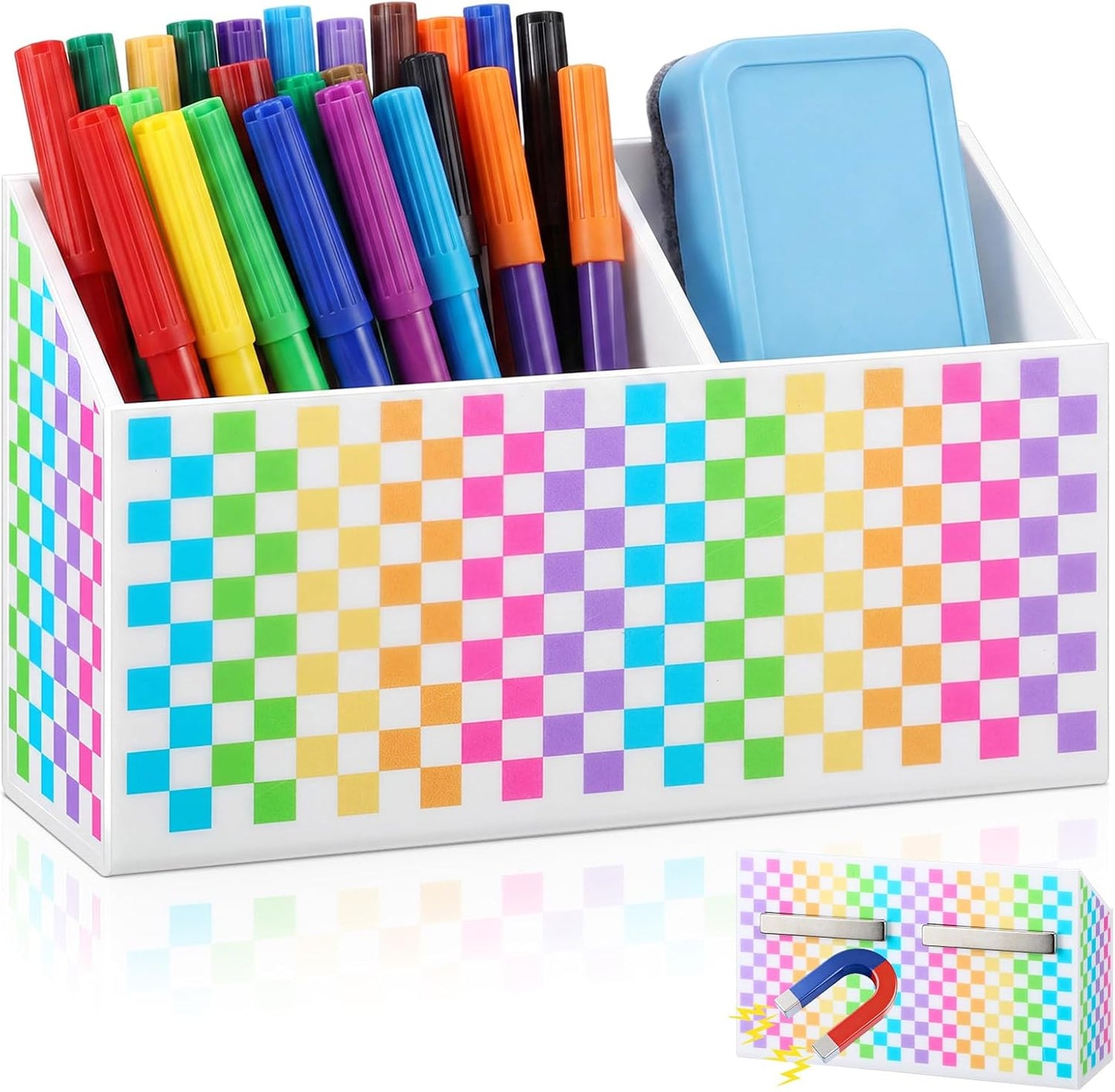 Tenceur Magnetic Dry Erase Marker Holder Acrylic Magnetic Pen Holder Whiteboard Marker Organizer for Whiteboard Fridge Refrigerator Locker Accessories Office Home Pen Storage(Checkered)