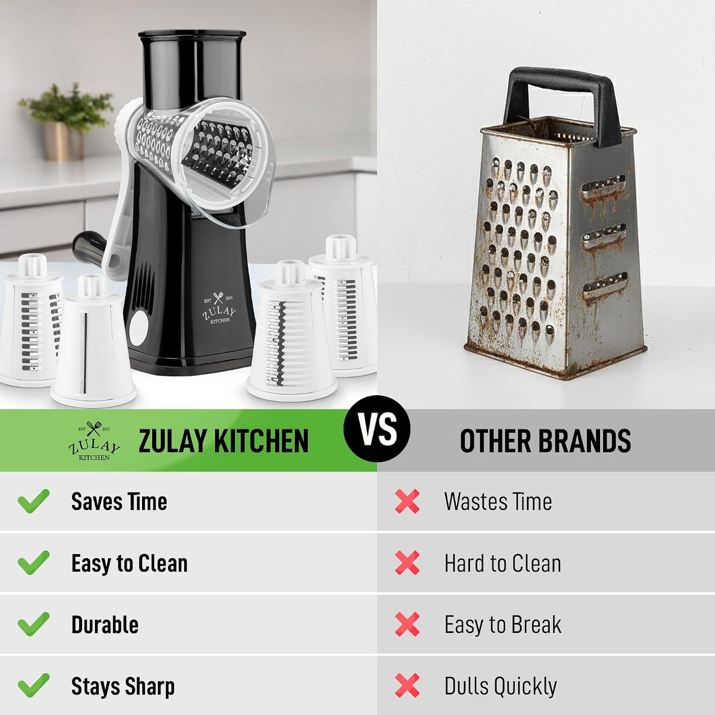 Zulay Kitchen Rotary Cheese Grater 5 Blade Cheese Shredder - Manual Hand Crank Cheese Grater With Reinforced Suction & 5 Interchangeable Drums - Easy to Use, Vegetable Chopper Round Mandoline Slicer - Colors B